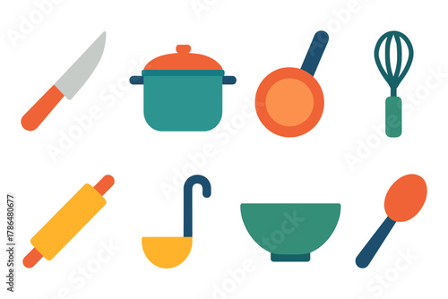 Colorful kitchen utensils icons: knives, pots, pans, and more in flat style