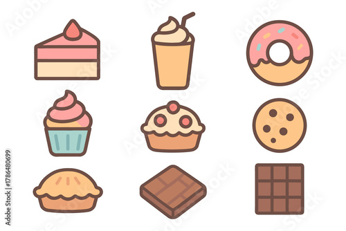 Charming flat design sweets collection with cakes, donuts, and more