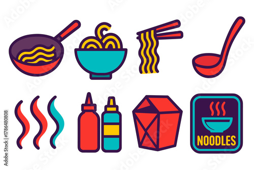 Colorful asian noodle icons set with wok, chopsticks, and take-out box