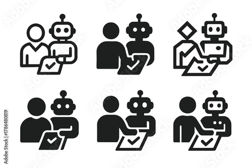 Productivity Robot Logos. Work smarter, not harder. Icon set. Set Logo of productivity: robot assisting human with tasks. harmonious logo variations of the