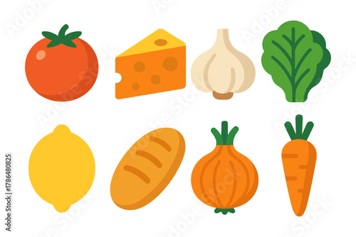 Colorful flat icons of fresh vegetables, cheese, and bread on white background