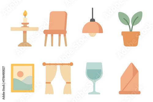 Cozy home decor elements: candle, chair, pendant light, plant, art, curtains, glass, napkin