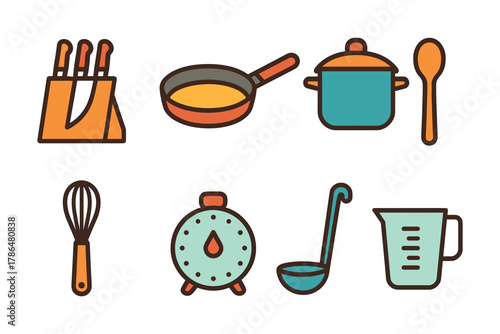 Colorful kitchen tools set in simple flat style for cooking concepts