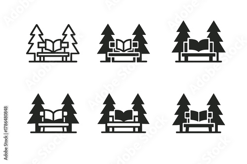 Forest Bench Logo Grid. Embracing solitude and personal time. Set Logo of forest bench with open book: Minimal outline, Abstract geometric, Filled silhouette,