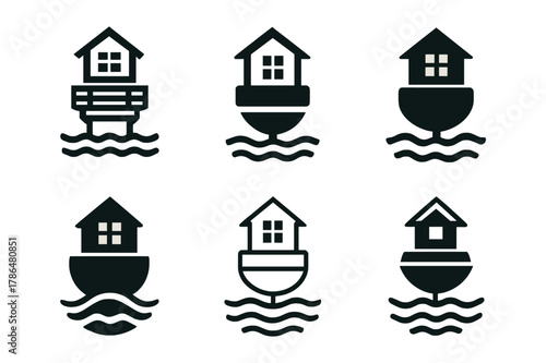 Floating Neighborhood Logos. Floating neighborhoods. Set Logo of floating neighborhoods: microgrid energy buoy. Icon set. harmonious logo variations of the