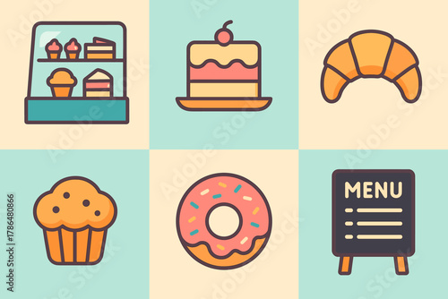 Sweet treats icon set: delicious desserts in colorful outline style