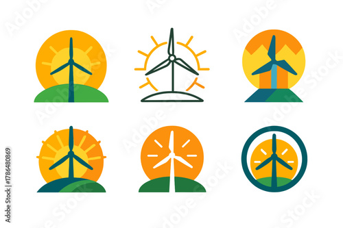 Climate Hope Icons. Climate hope. Icon set. Set Logo of climate hope: wind turbine at sunrise. harmonious logo variations of the same emblematic concept, each