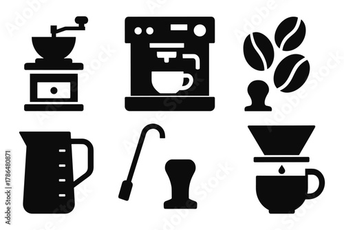 Coffee brewing icons: grinder, machine, beans, and tools