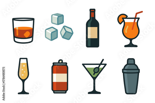 Flat style cocktail and beverage icons featuring glasses, bottles, and drinks