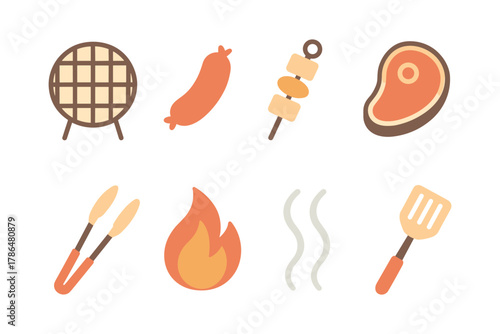 Barbecue icons collection: grill, sausage, skewer, steak, tools, flame, smoke
