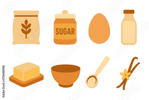 Flat style baking ingredients set with sugar, flour, vanilla, butter, egg, milk, and utensils