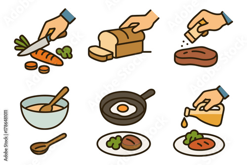 Hand drawn cooking elements: slicing, mixing, frying, and seasoning