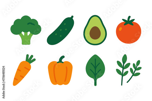 Colorful flat icons of fresh vegetables on white background