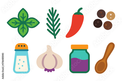 Colorful set of spice and herb icons in flat design style