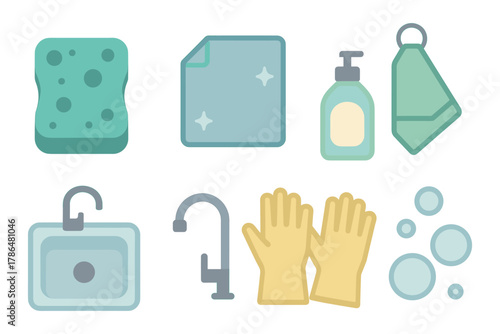 Essential cleaning tools: flat design with sponges, soap, and gloves