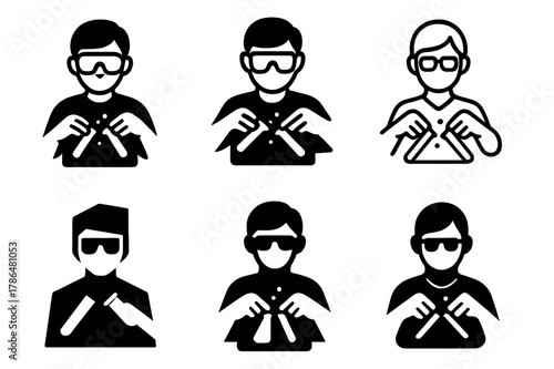Science Experiment Logos. Teaching science experiments in schools. Icon set. Set Logo of teaching science experiments in schools: student with safety goggles