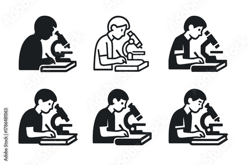 Student Experiment Logos. Students participating in hands-on experiments. Icon set. Set Logo of students participating in hands-on experiments: microscope with