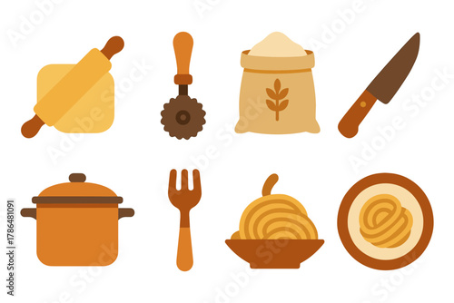 Flat style pasta cooking tools and ingredients set