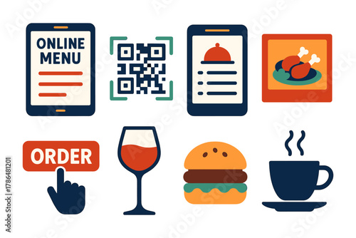 Flat style restaurant and cafe icon set with menu, qr code, food and drinks