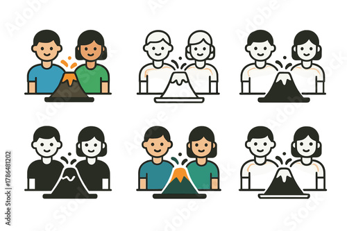 Experiment Icon Variations. Students participating in hands-on experiments. Icon set. Set Logo of students participating in hands-on experiments: baking-soda