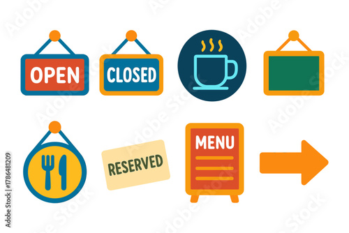 Colorful restaurant and cafe signs including open, closed, menu, and reserved symbols