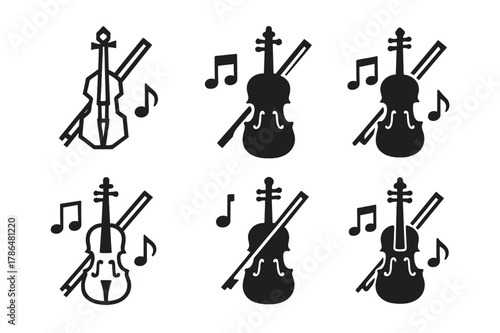 Violin Serenade Logos. Romantic candlelit dinners. Set Logo of violin serenade: violin and bow with note. Icon set. harmonious logo variations of the same