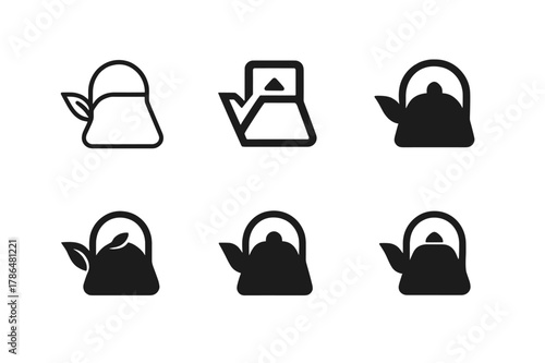 Tea Kettle Logos. tea kettle spout. Set Logo of tea kettle spout: leaf-shaped spout ornament. Icon set. harmonious logo variations of the same emblematic