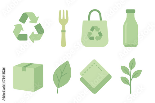 Eco-friendly icons set featuring recycle symbol, reusable bag, green leaf, and sustainable products