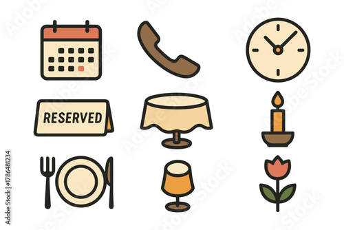 Flat style restaurant and dining icon set with calendar, table, and utensils