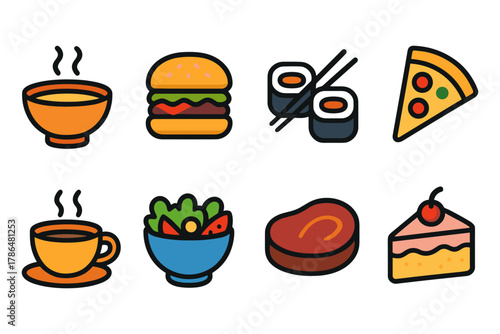 Bright and bold icon set of popular foods in flat style
