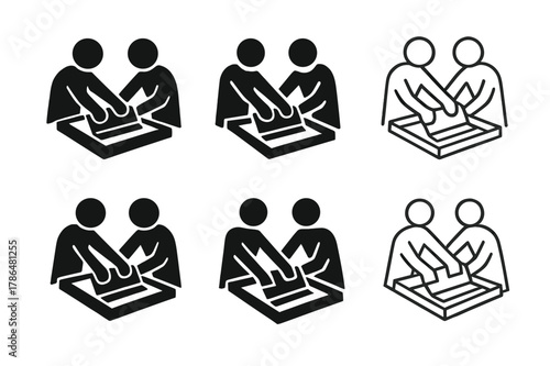 Collaborative Art Logos. Artists working together in a workshop. Set Logo of Artists working together in a workshop: screen printing frame with squeegee. Icon