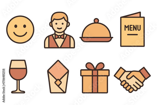 Restaurant icons set: smiley face, waiter, menu, cloche, wine glass, envelope, gift, handshake
