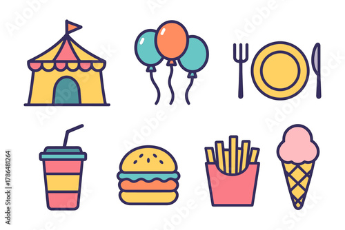 Colorful festival icons featuring food, tent, balloons, and dinnerware in line art style