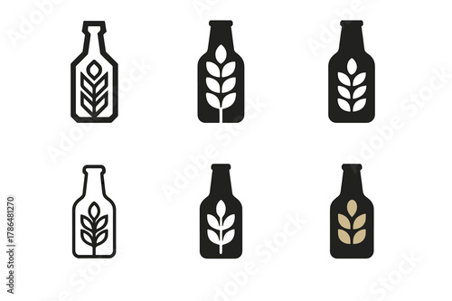Home-Brew Logo Variations. Home-brewed beer making and bottle design. Set Logo of home-brewed beer making and bottle design: barley sheaf. Icon set. harmonious