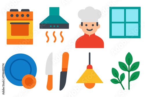 Colorful kitchen elements ensemble with chef and cooking tools