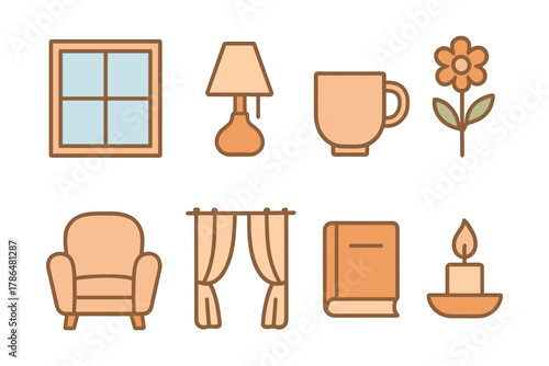 Cozy home icons collection: furniture, decor, and household items in flat style
