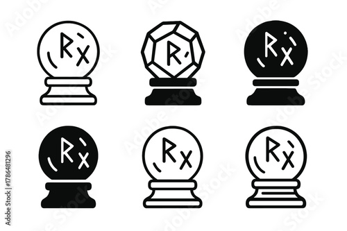 Crystal Ball Icon Set. Crystal ball. Icon set. Set Logo of Crystal ball: rune-etched sphere. harmonious logo variations of the same emblematic concept, each