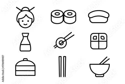 Minimalist japanese food and culture icons set with sushi and chopsticks