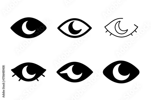 Sleep Emblem Icons. The importance of sleep. Set Logo of the importance of sleep: closed eyelids with crescent moon. Icon set. harmonious logo variations of