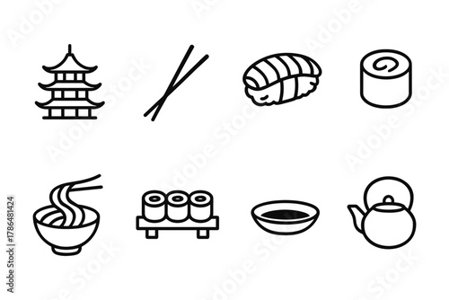 Linear icons of japanese cuisine and culture: sushi, tea, pagoda, and more