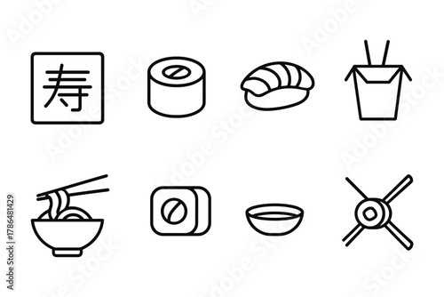 Black and white minimalist icons of asian food and sushi elements