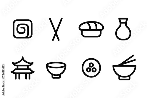 Minimalist japanese cuisine icons featuring sushi, pagoda, chopsticks, and traditional bowl designs