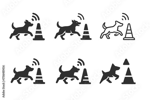 Pet Training Logos. Pet training and obedience classes. Set Logo of Pet training and obedience classes: recall training with dog running to beacon. Icon set.