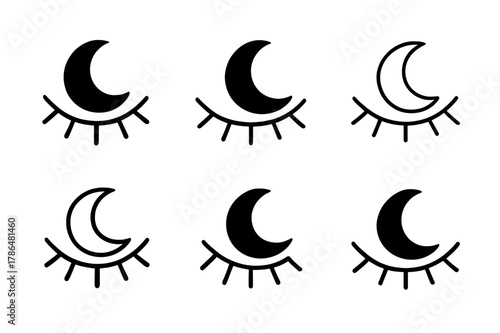 Sleep Emblem Icons. The importance of sleep. Set Logo of the importance of sleep: closed eyelids with crescent moon. Icon set. harmonious logo variations of