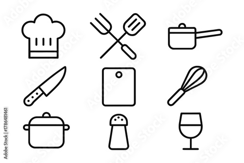 Simple kitchen icons set: chef hat, utensils, and cooking tools in linear style