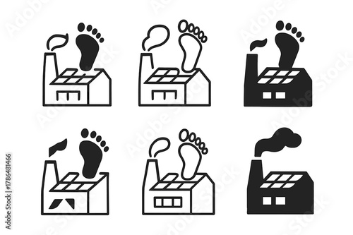 Factory Carbon Footprint Icons. Carbon footprint of factory. Icon set. Set Logo of carbon footprint of factory: factory roof with solar panel array. harmonious