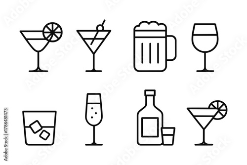 Minimalist line art icons of various cocktail and alcoholic beverage glasses