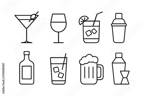 Minimalist drink icons with cocktails, wine, beer, and glasses