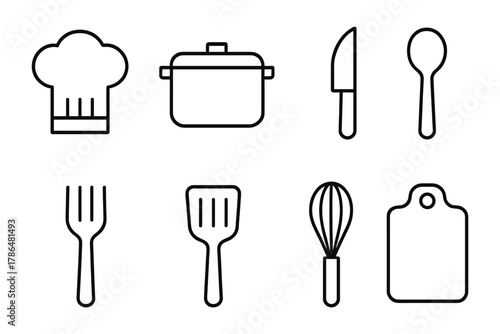 Minimalist kitchen utensils in black and white outline for modern cooking design