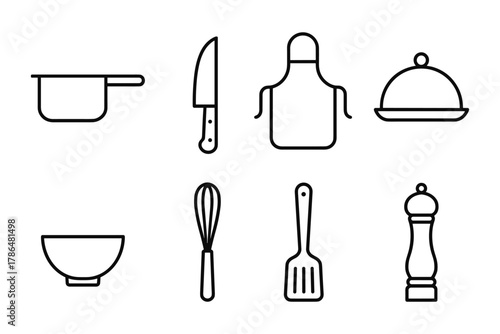 Minimalist kitchen icons set: cooking utensils in simple black line art